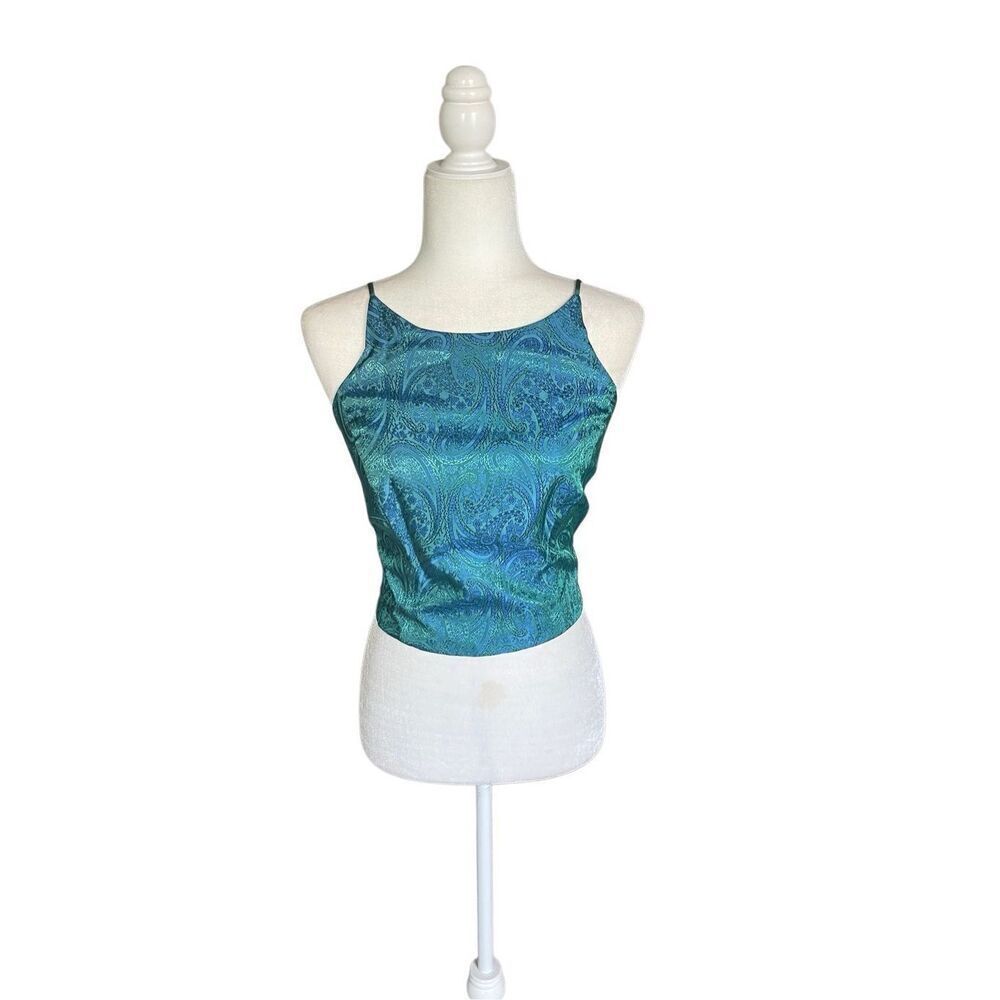 Y2K Blondie nites teal green ornate back tie, spaghetti strap, corset top croppe